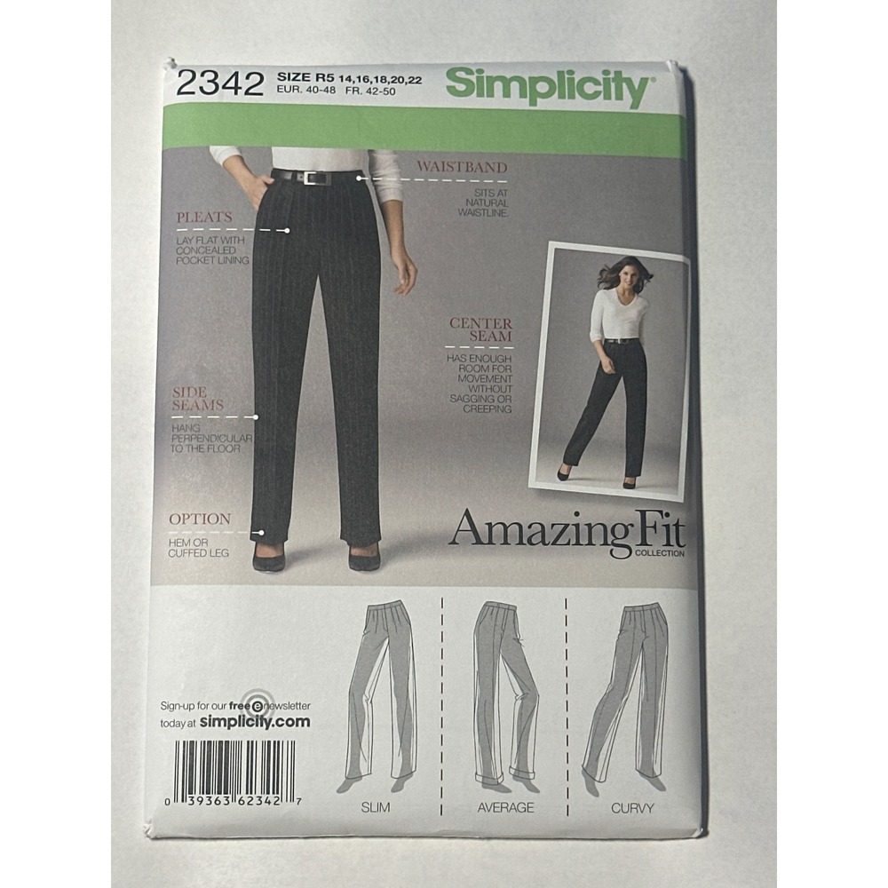 Simplicity 2342 Sewing Pattern Womens Size 14-22 Amazing Fit Pleated Pants uncut